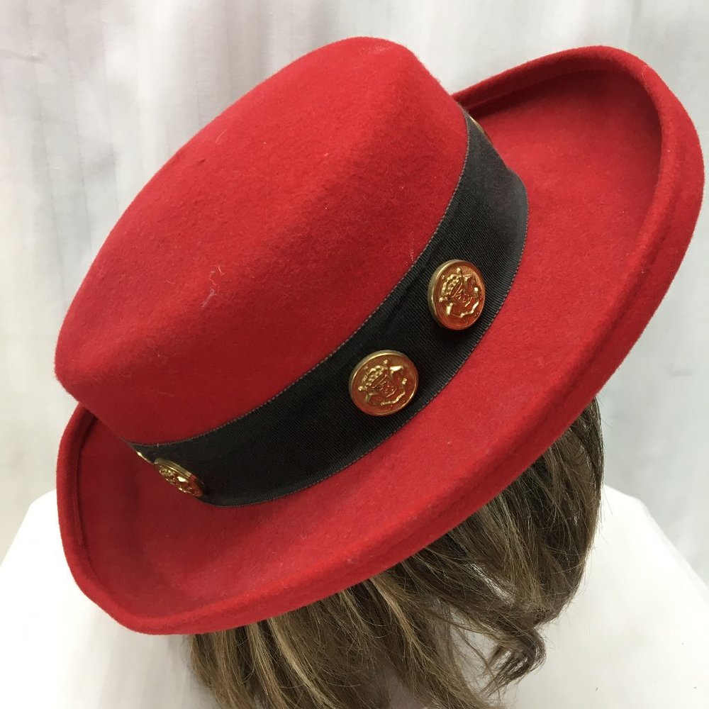 Red Flat Felt Hat with Black Band & Gold Accent